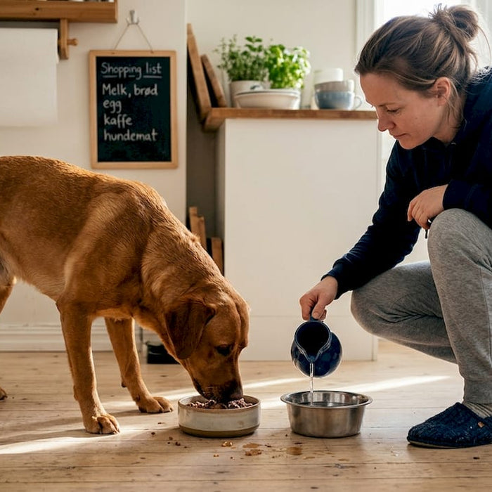 Hunden koser seg med maten sin mens eieren fyller opp vannskålen på kjøkkenet.