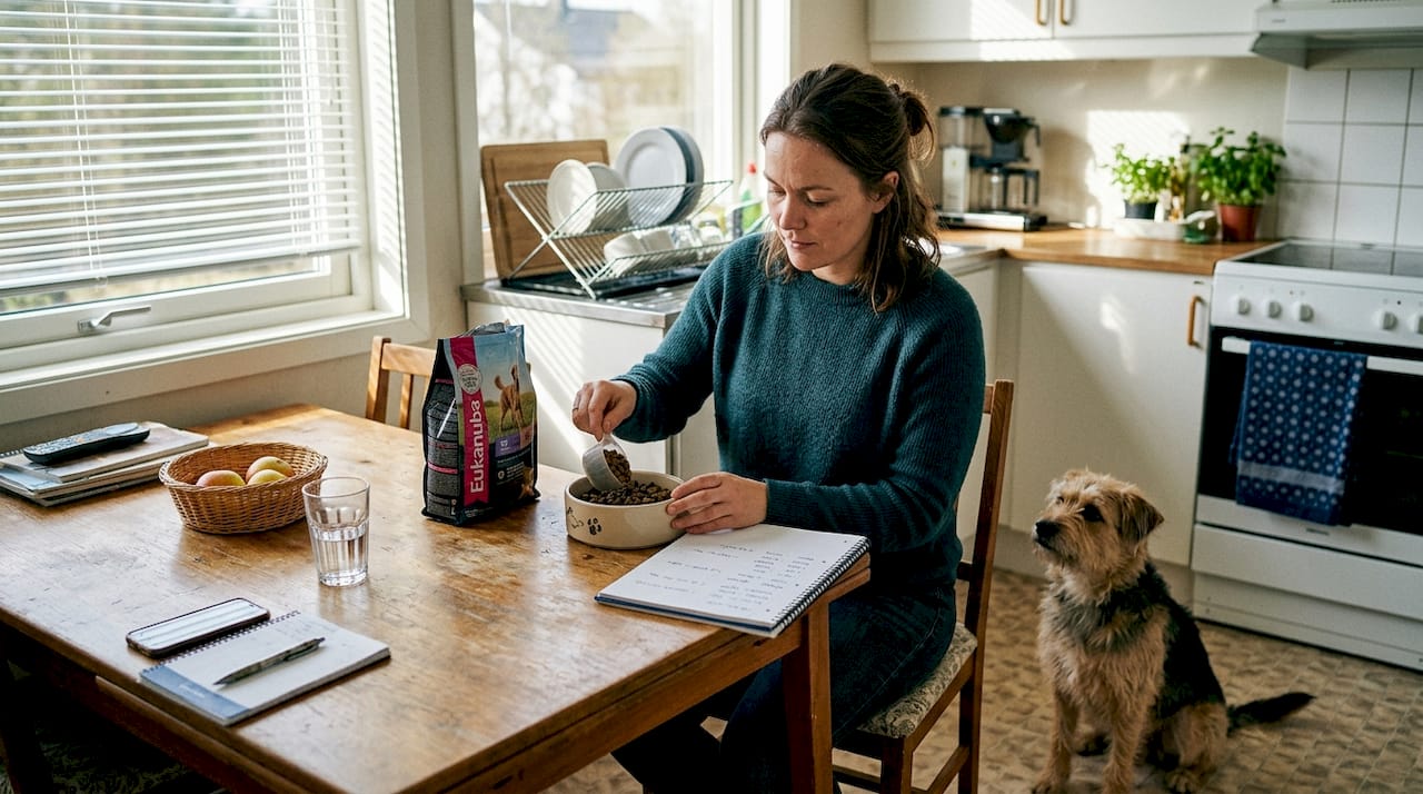 En kvinne står ved kjøkkenbordet og måler opp mat til hunden sin.