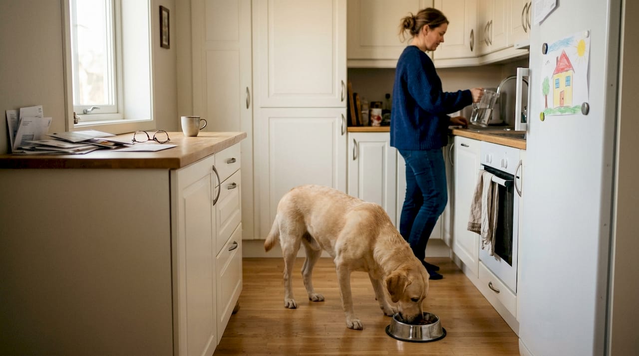 En hund koser seg med maten sin på kjøkkengulvet mens sola strømmer inn i et lyst og trivelig familiekjøkken.