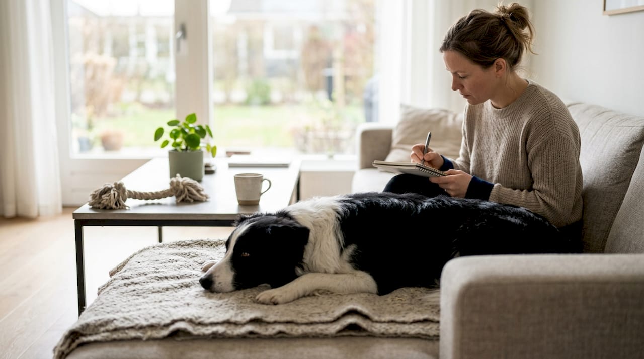 Mens hunden slapper av hjemme, tar eieren noen notater.