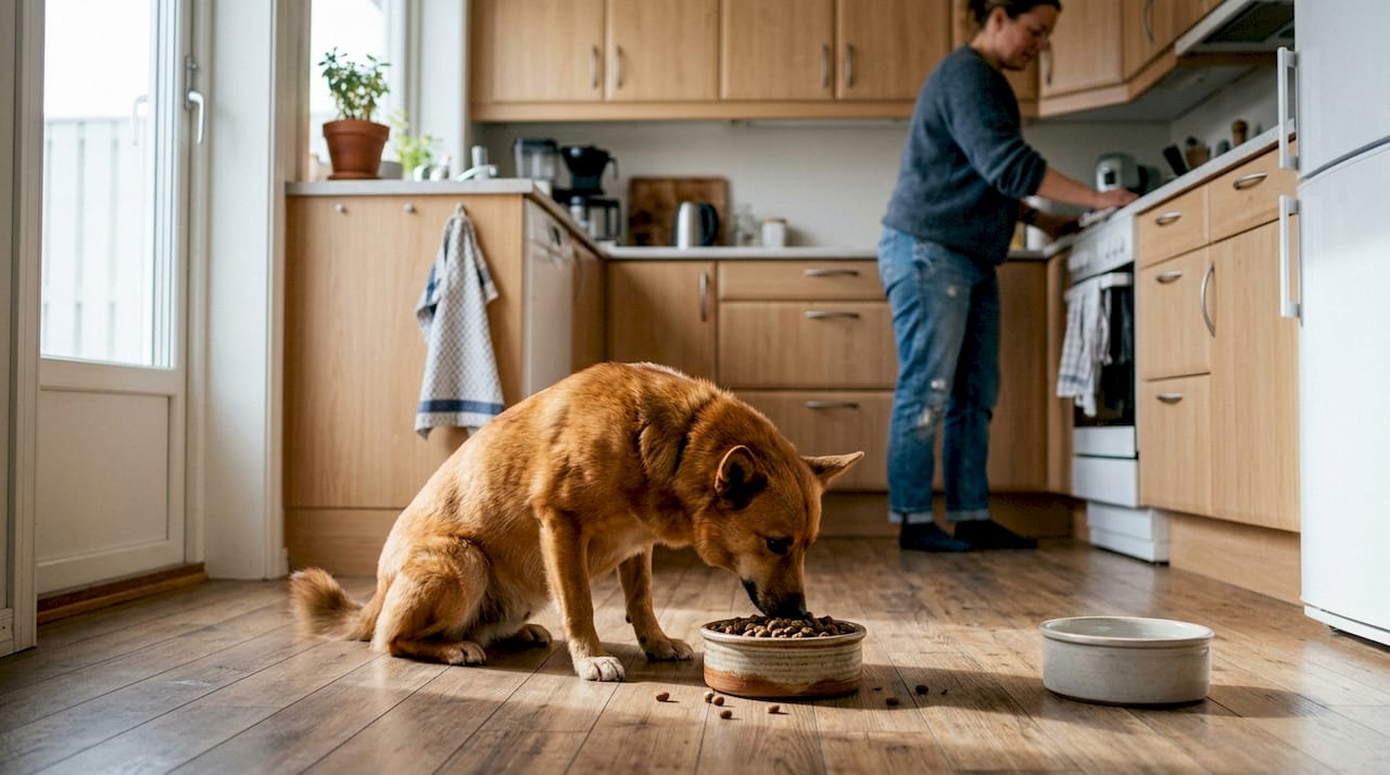 Hunden står på kjøkkenet hjemme og koser seg med maten sin fra matskåla.