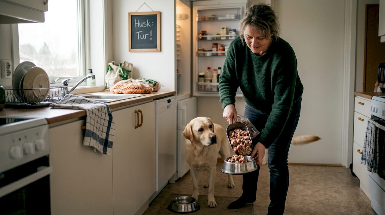 En kvinne gir labradoren sin fersk hundemat på kjøkkenet.