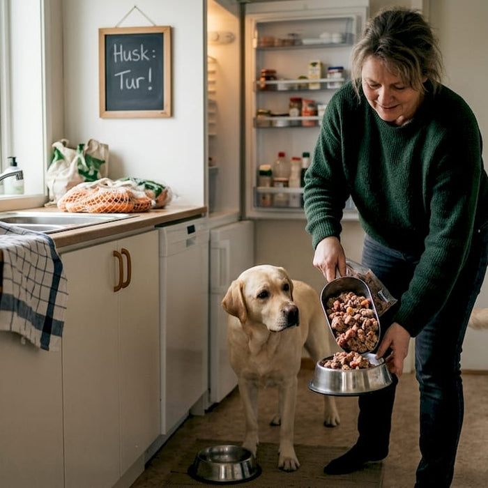 En kvinne gir labradoren sin fersk hundemat på kjøkkenet.