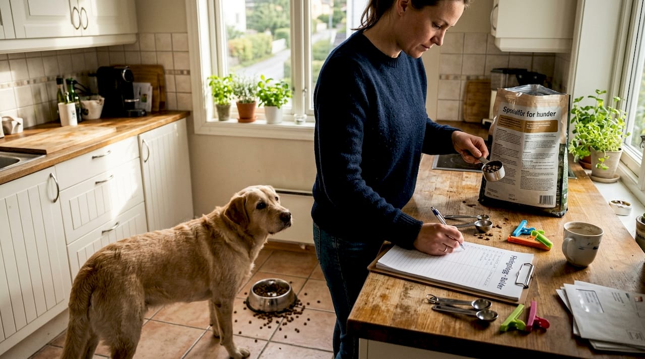 På kjøkkenet gjør hunden og eieren klar en spesialdiett som passer for allergikere.