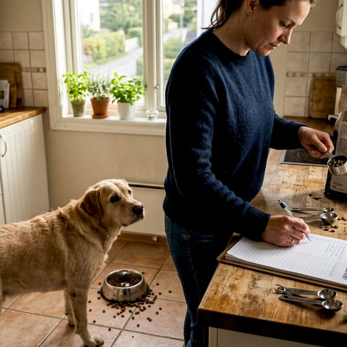 På kjøkkenet gjør hunden og eieren klar en spesialdiett som passer for allergikere.