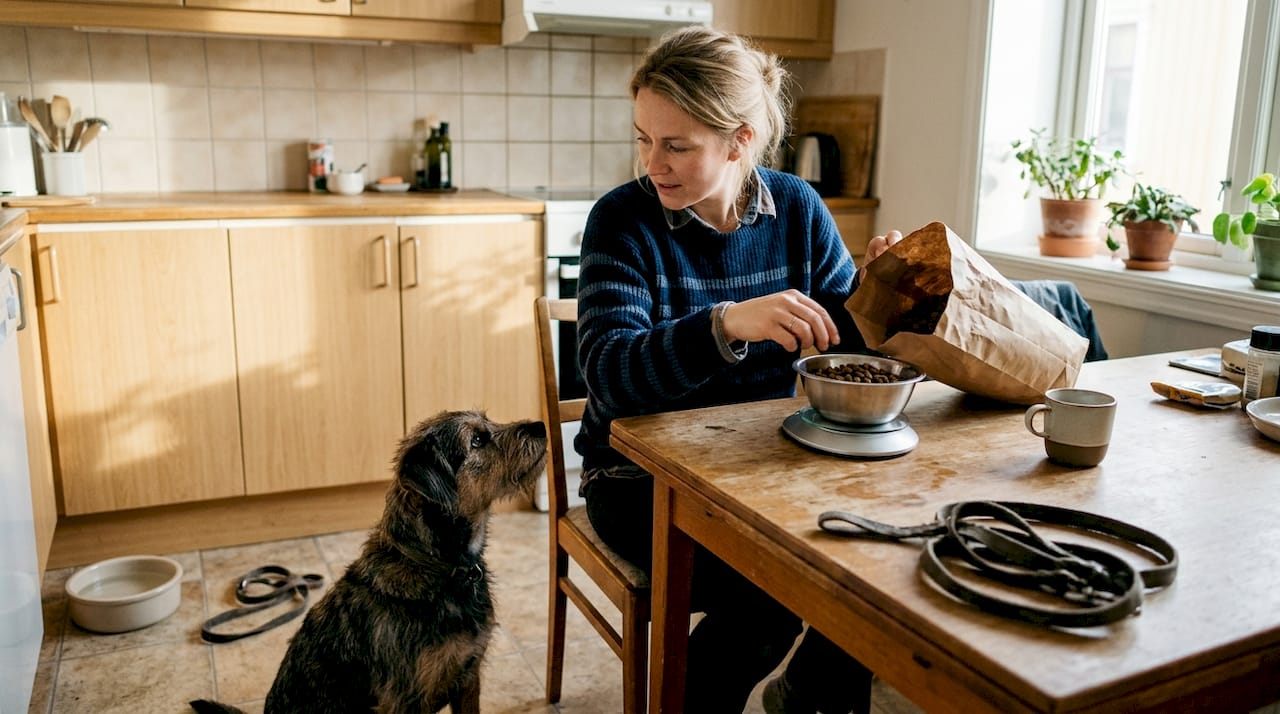 En hundeeier står hjemme og måler opp riktig mengde fôr til hunden sin.
