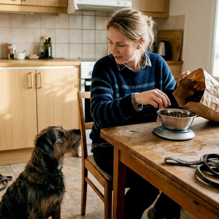 En hundeeier står hjemme og måler opp riktig mengde fôr til hunden sin.