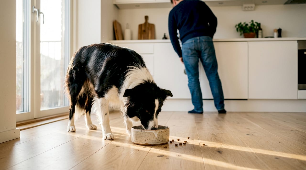 Hunden koser seg med allergivennlig fôr på kjøkkenet.
