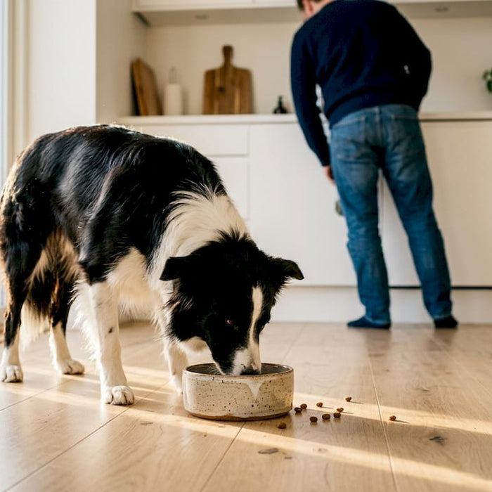 Hunden koser seg med allergivennlig fôr på kjøkkenet.
