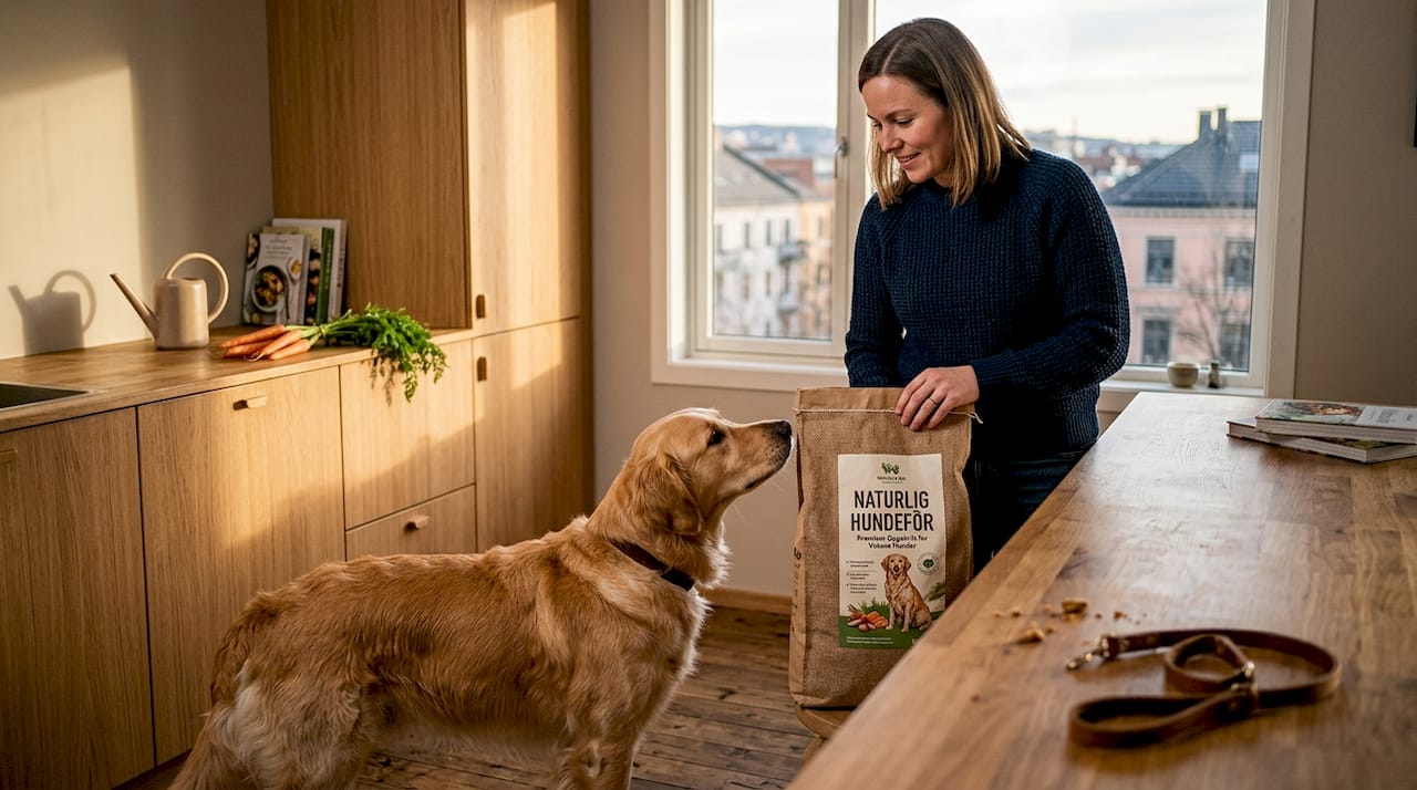 En hundeeier åpner en pakke med naturlig hundemat på kjøkkenbenken.
