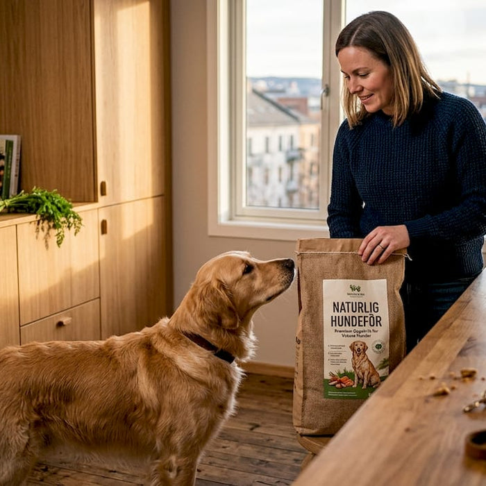 En hundeeier åpner en pakke med naturlig hundemat på kjøkkenbenken.