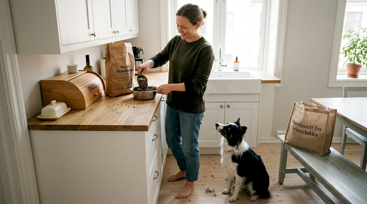 Hundeeieren gjør klar mat til en forventningsfull border collie som følger nøye med.