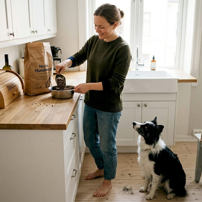 Hundeeieren gjør klar mat til en forventningsfull border collie som følger nøye med.
