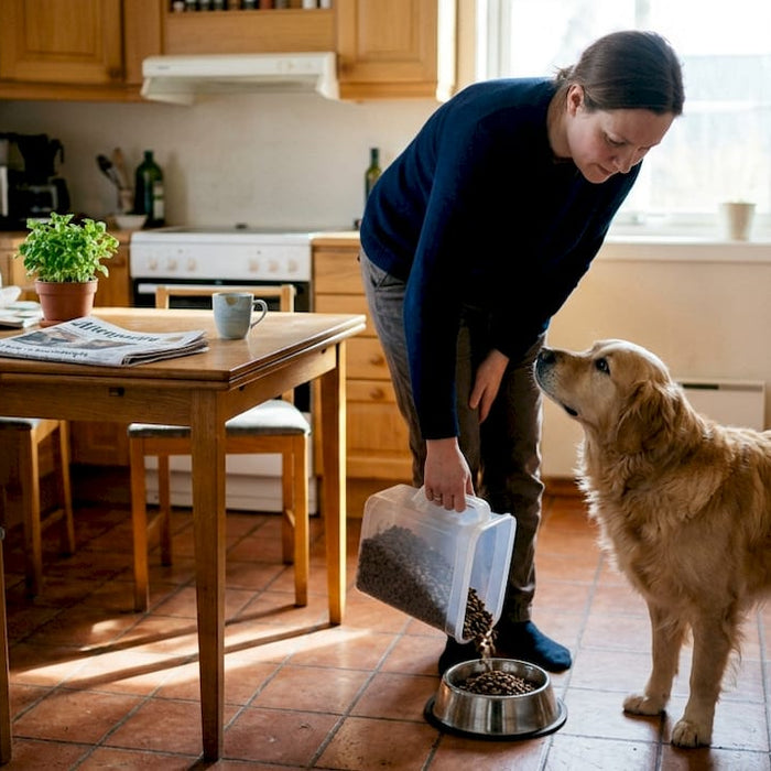 Hundeeieren gir hunden mat på det lune kjøkkenet.