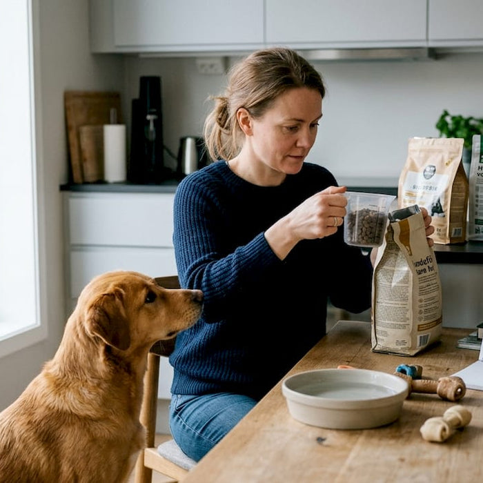 Kvinne lager skreddersydd hundemat hjemme ved kjøkkenbordet