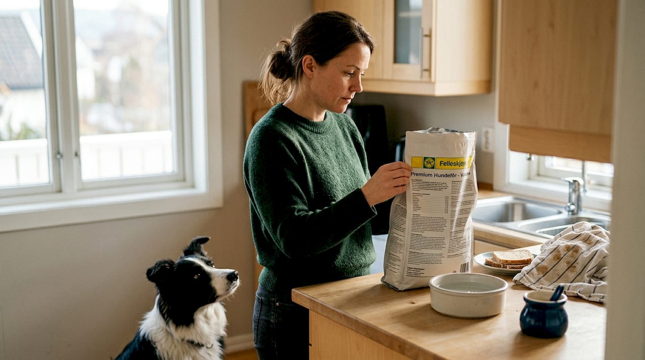 Hundeeier går gjennom innholdet i hundematen hjemme