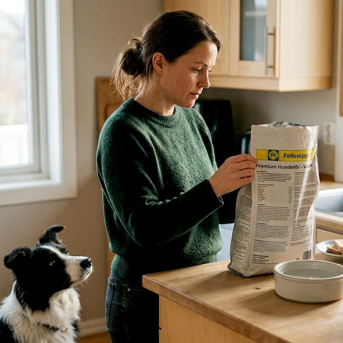 Hundeeier går gjennom innholdet i hundematen hjemme