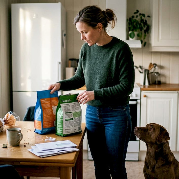 En kvinne står på kjøkkenet hjemme og sammenligner ulike typer hundemat.