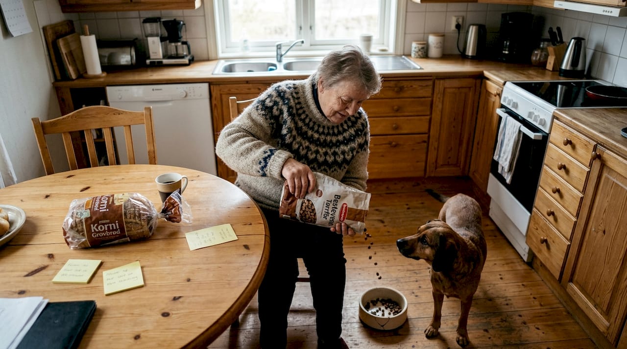 En hund sitter tålmodig og venter foran matskålen sin på kjøkkenbordet.
