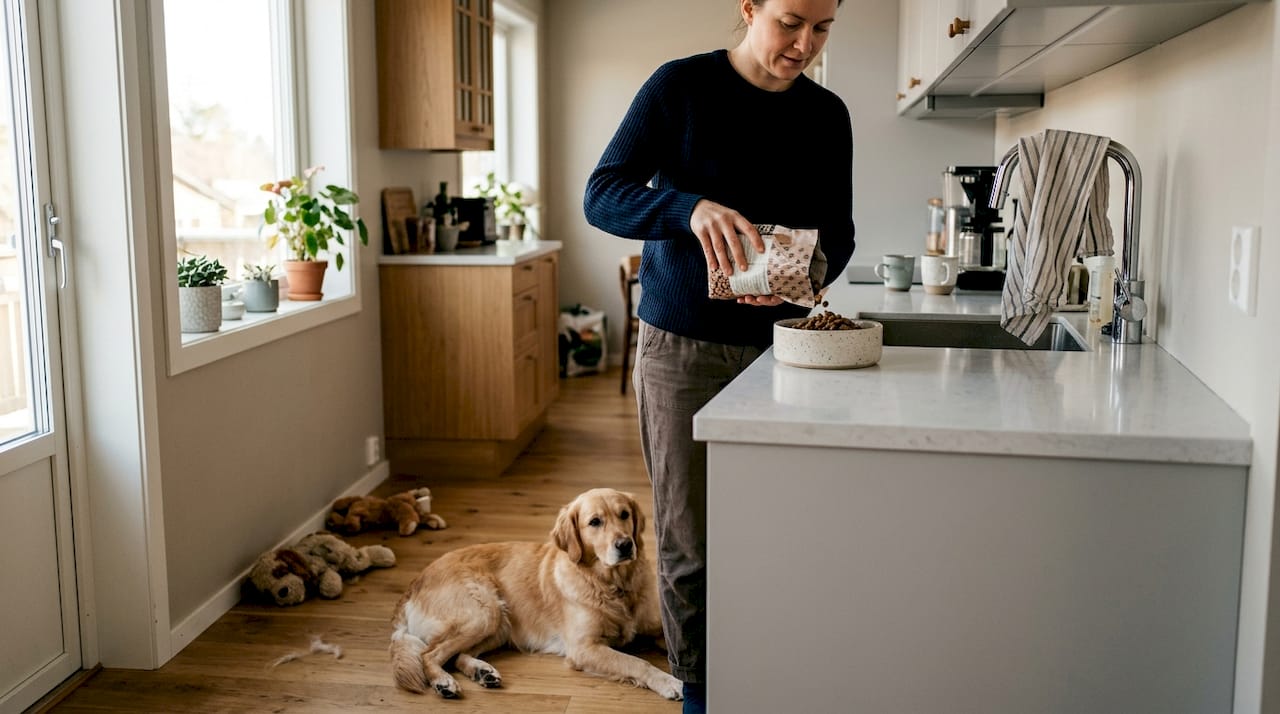 Hunden følger nøye med når eieren lager mat til ham på kjøkkenet.