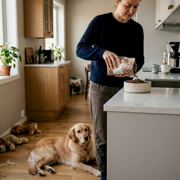 Hunden følger nøye med når eieren lager mat til ham på kjøkkenet.