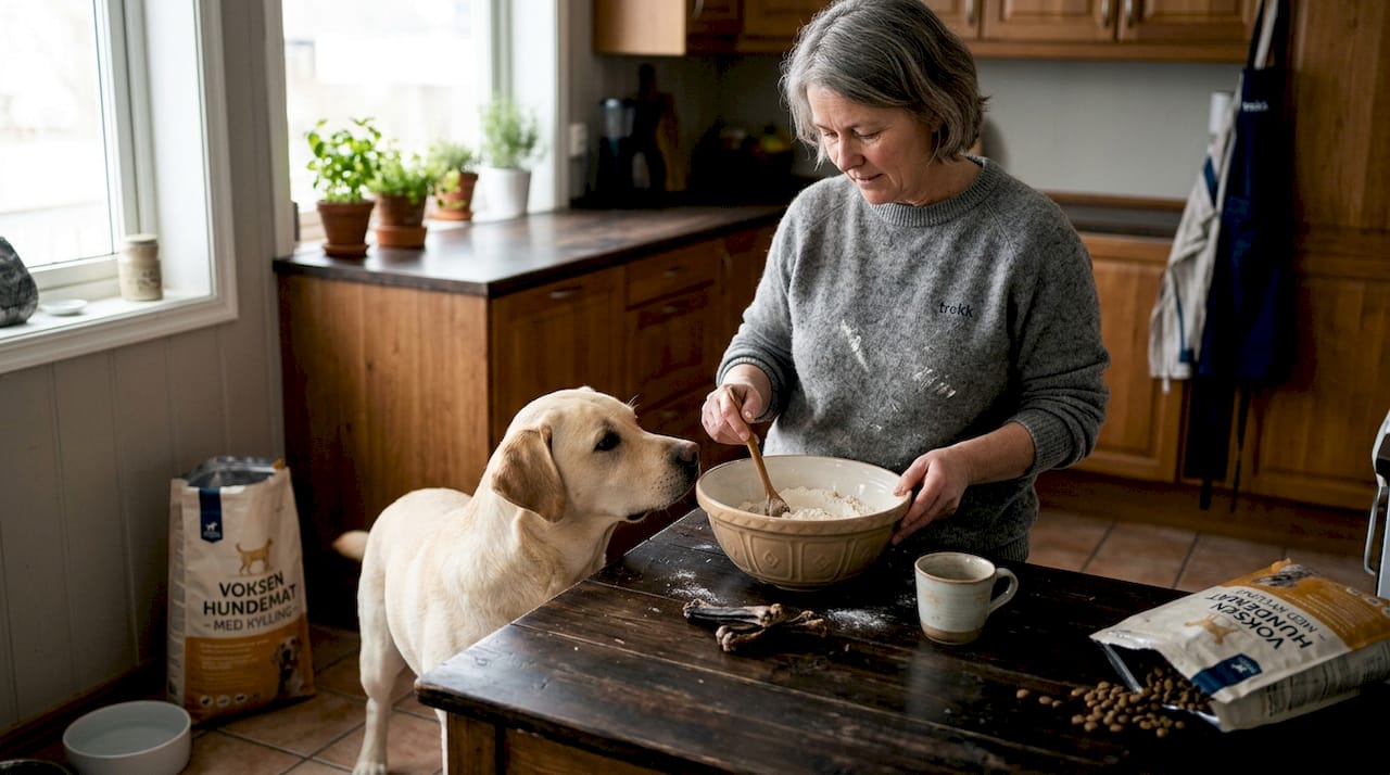 En hundeeier står på kjøkkenet og lager hjemmelaget mat til hunden sin.