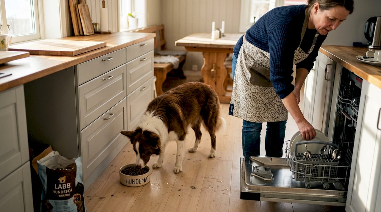 En hund snuser nysgjerrig på matskålen sin på kjøkkenet.