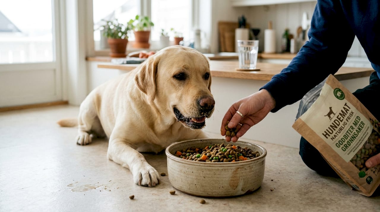 Labradoren står på kjøkkenet og spiser maten sin.