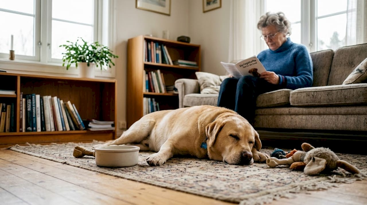 Labradoren koser seg hjemme sammen med eieren sin