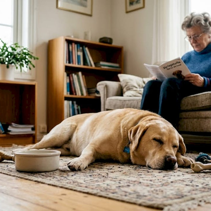 Labradoren koser seg hjemme sammen med eieren sin
