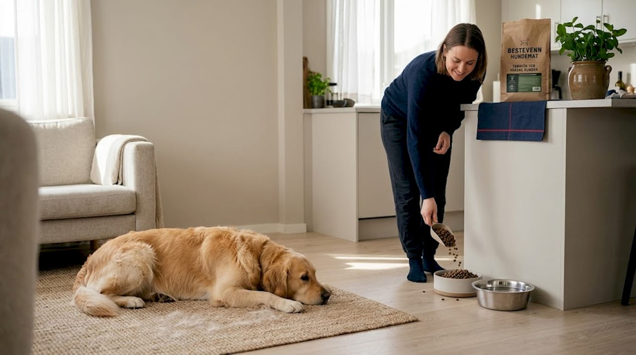Hunden ligger rolig og venter mens matmor fyller matskålen.
