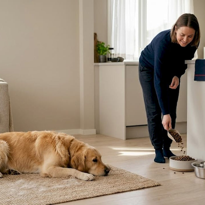 Hunden ligger rolig og venter mens matmor fyller matskålen.