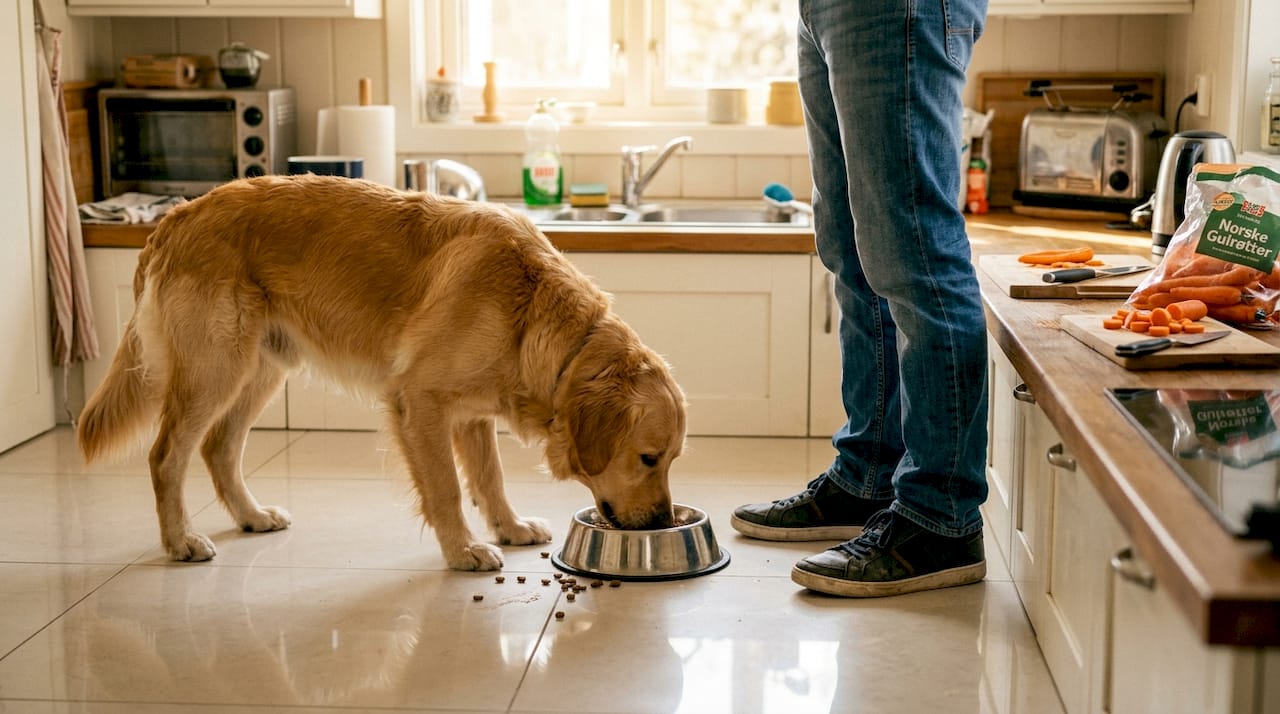 En hund som får servert sunn og naturlig mat på kjøkkenet hjemme.