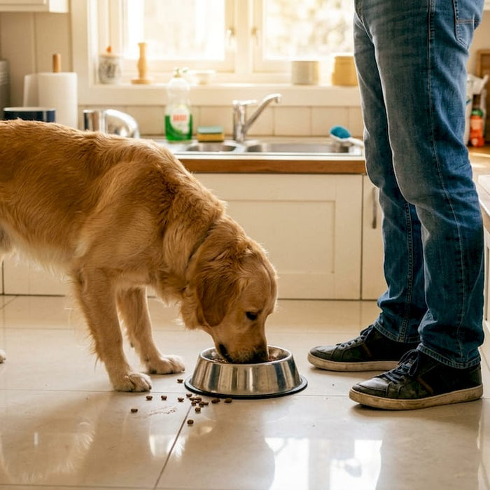 En hund som får servert sunn og naturlig mat på kjøkkenet hjemme.