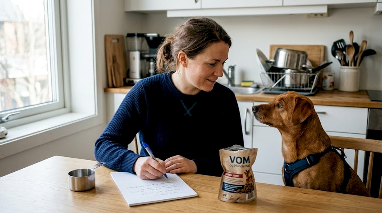 En kvinne sitter ved kjøkkenbordet sammen med hunden sin og planlegger hva slags mat den skal få.