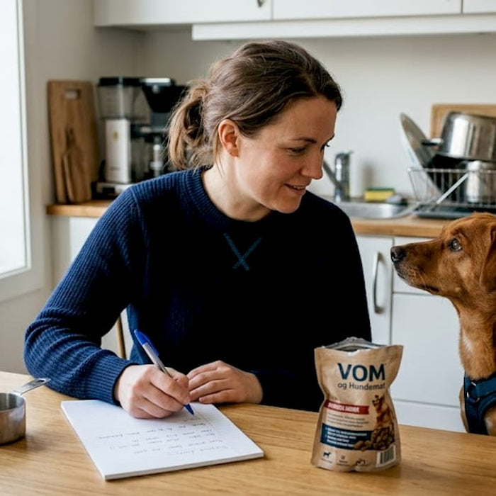 En kvinne sitter ved kjøkkenbordet sammen med hunden sin og planlegger hva slags mat den skal få.