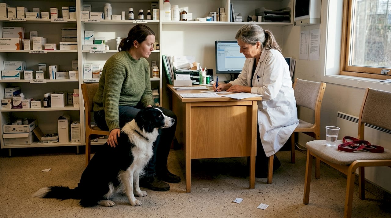 Hund og eier på kontroll hos veterinæren