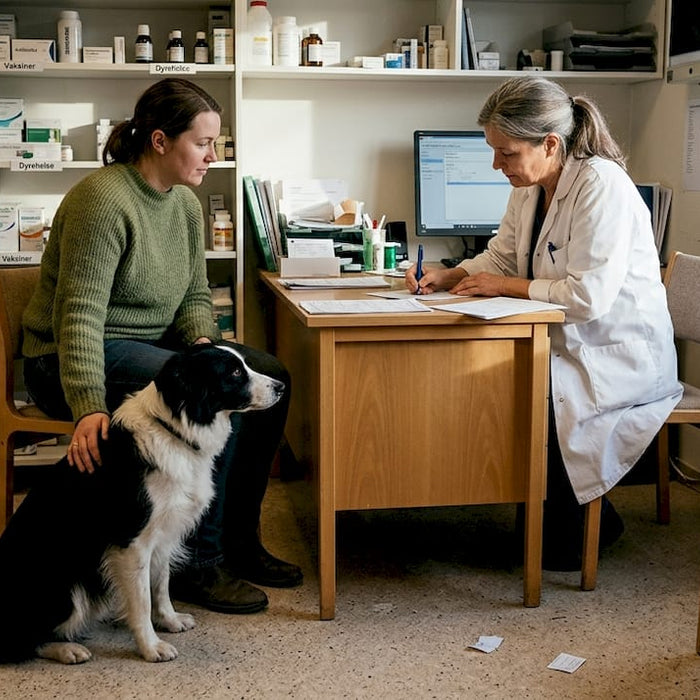 Hund og eier på kontroll hos veterinæren