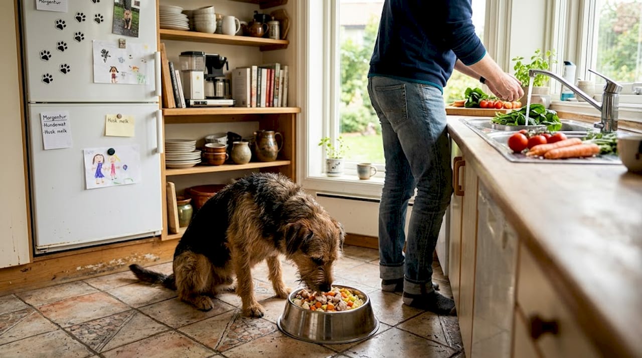 En hund som koser seg med fersk mat på kjøkkenet hjemme.