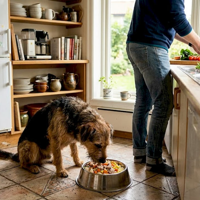 En hund som koser seg med fersk mat på kjøkkenet hjemme.