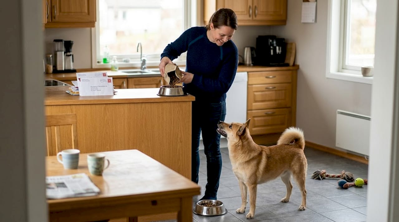 En kvinne heller tørrfôr i matskålen til hunden sin på kjøkkenet hjemme.