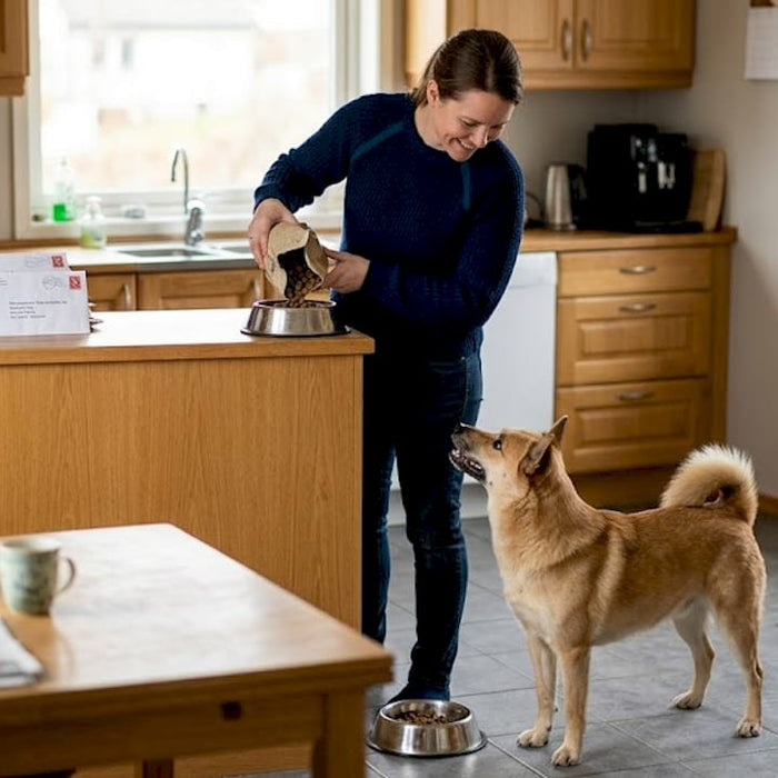 En kvinne heller tørrfôr i matskålen til hunden sin på kjøkkenet hjemme.
