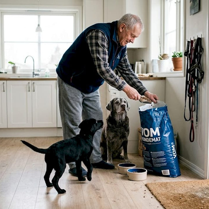 En mann gir både valpen og den eldre hunden mat på kjøkkenet.