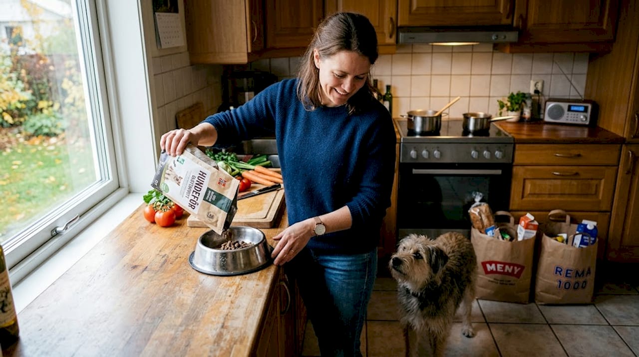 En kvinne serverer hunden sin glutenfri mat hjemme på kjøkkenet.