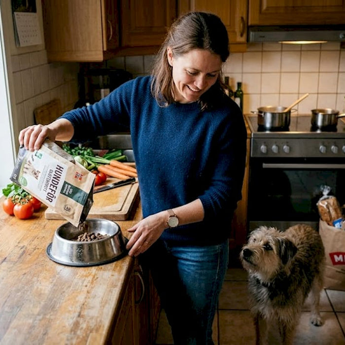 En kvinne serverer hunden sin glutenfri mat hjemme på kjøkkenet.