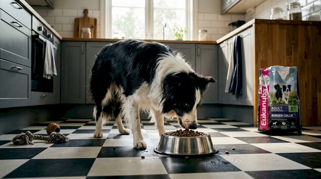 En hund står og spiser mat fra matskålen sin på kjøkkengulvet.