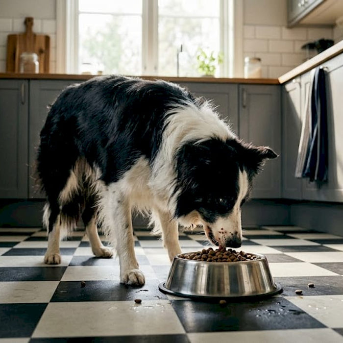 En hund står og spiser mat fra matskålen sin på kjøkkengulvet.