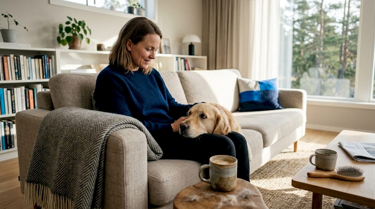Nært samspill mellom kvinne og hund i en koselig, norsk stue
