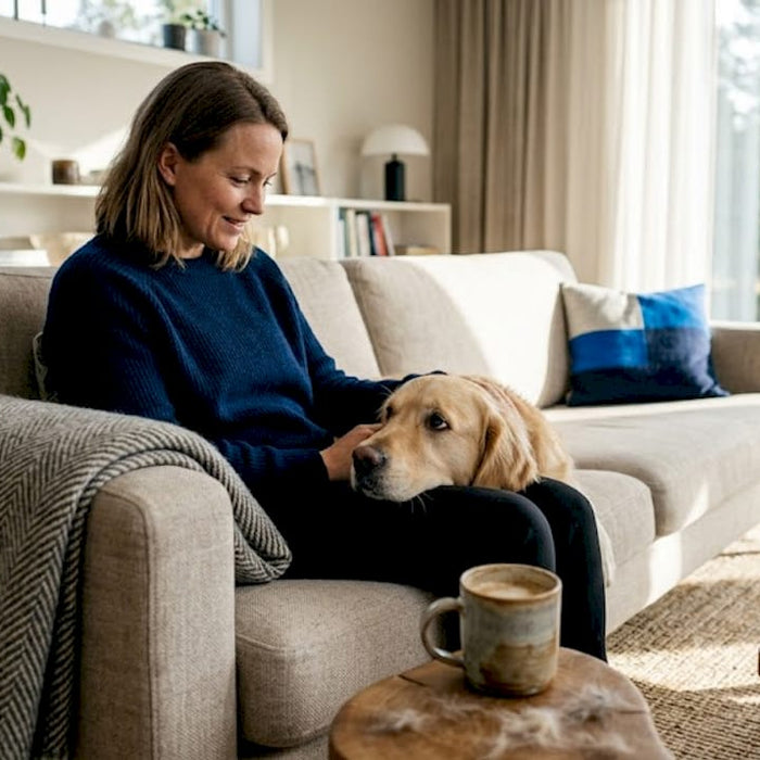 Nært samspill mellom kvinne og hund i en koselig, norsk stue