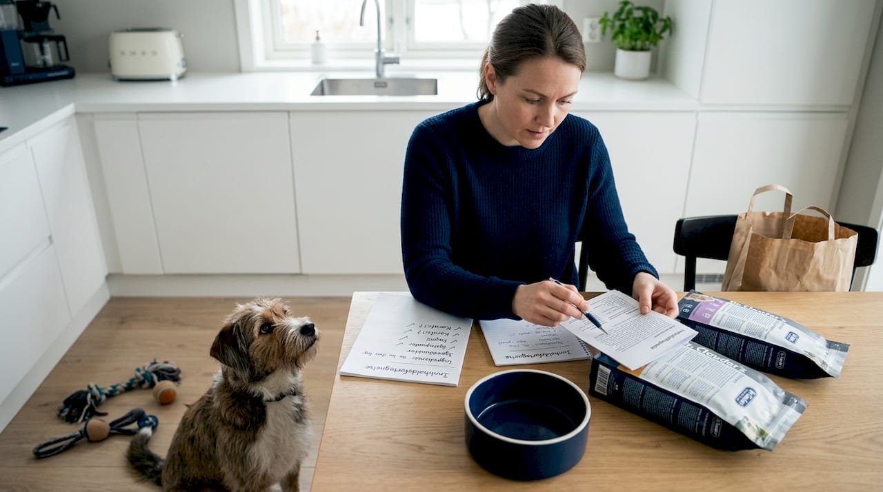 En hundeeier sitter ved kjøkkenbordet og sammenligner ulike typer hundemat for å finne det beste til firbeinte.